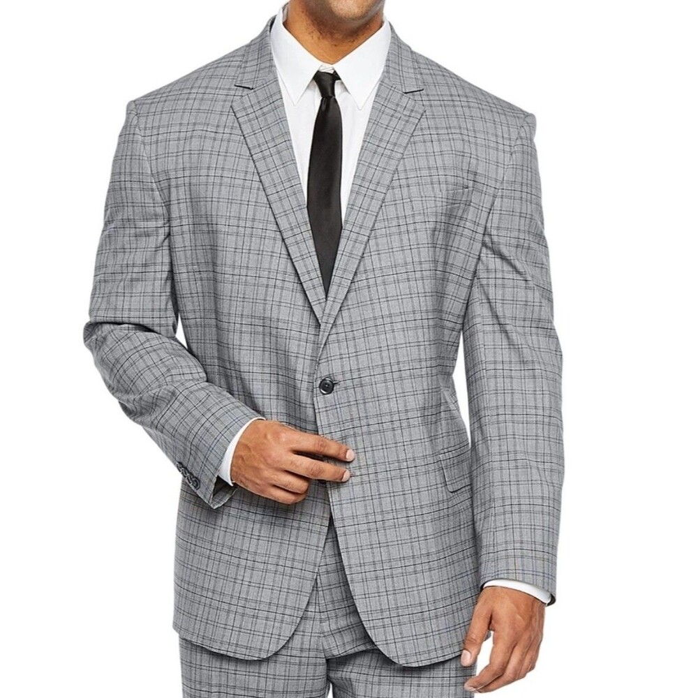 J. Ferrar 360° Stretch Suit Jacket 42 Long Slim Fit Grey Glen Plaid 2-Button - Picture 1 of 8
